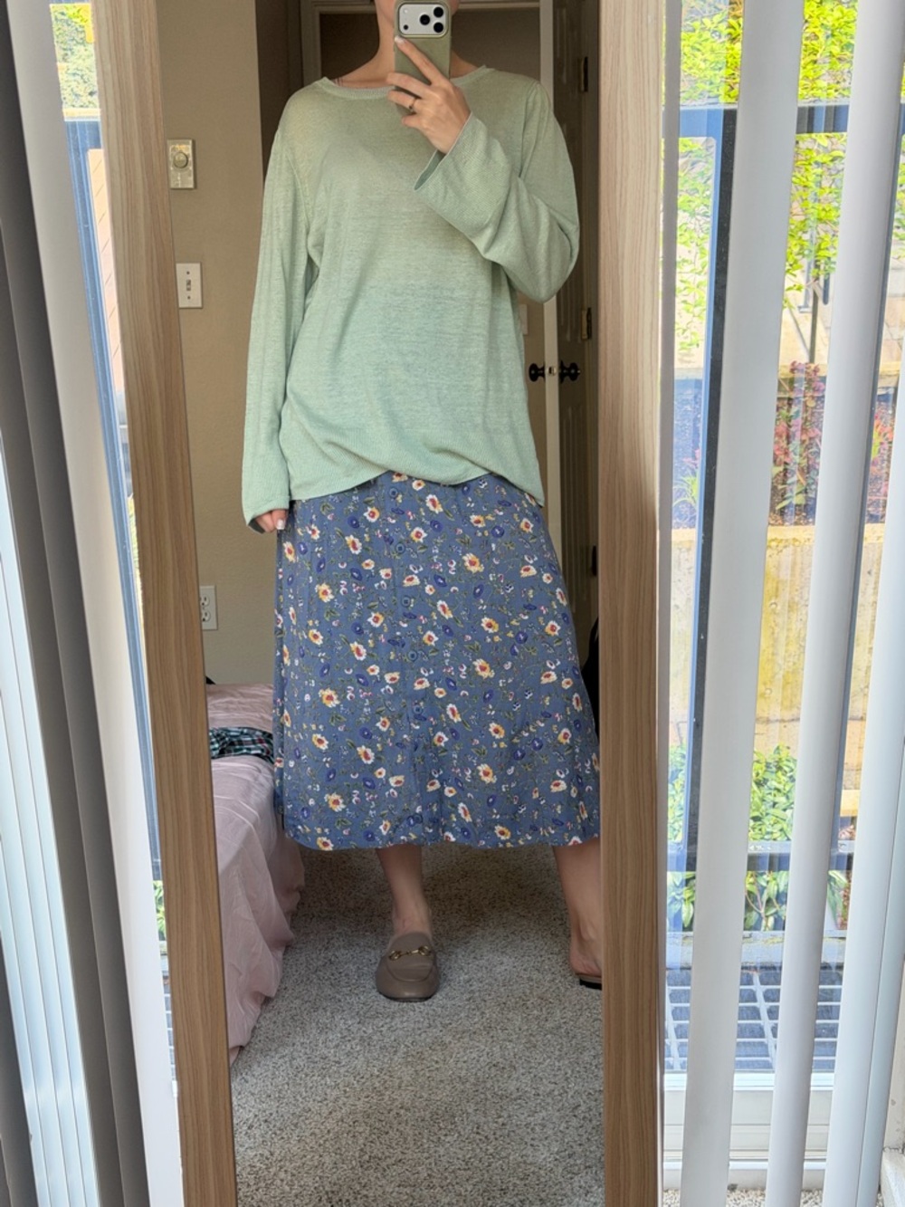 Blue Floral Midi Skirt with Soft A-Line Silhouette